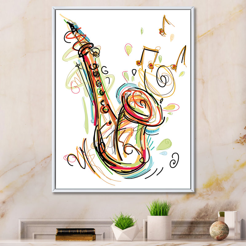 Musique, saxophone, dessin abstrait II - peinture, H 36 po x l 24 po x P 1 po, Cadre flottant blanc