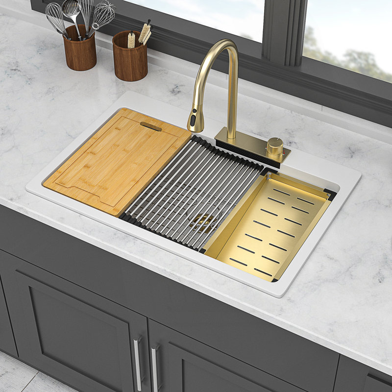 Drop-In Waterfall Kitchen Sink With Pull-Down Faucet, Composite Granite Quartz Single Bowl Workstation Design, Gold, White