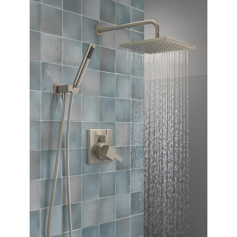 Delta Modern 14 Series Square Rain Shower System Faucet Set, Rainfall Brushed Nickel Shower Head and Handle Set, Valve Trim Kit, 10 Inch, Spotshield Stainless (Valve Not Included)
