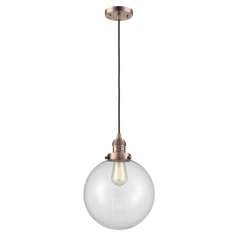 Luminaire suspendu sphère simple à 1 lumière Clermont, Transparent, DEL, Cuivre antique