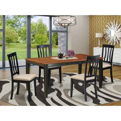 5 Piece Set Includes a Rectangle Kitchen Table with Butterfly Leaf and 4 Linen Fabric Chairs, Black & Cherry