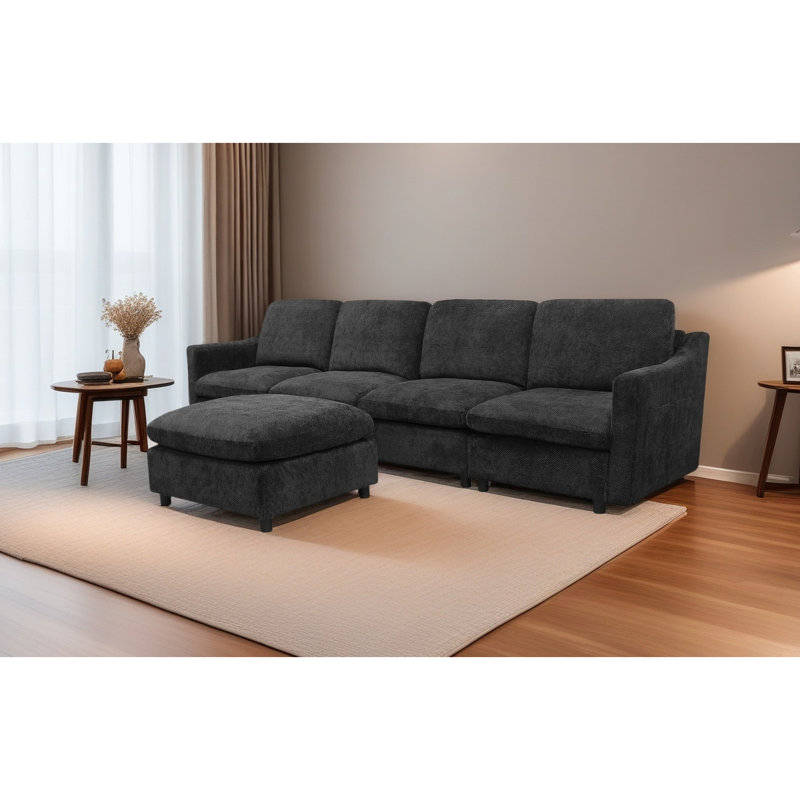 Siège profond surdimensionné avec méridienne - en forme de L noir pour le salon ergonomique, mousse, tissu de velours court, dossier modulaire réversible sans assemblage confortable, conception ergonomique, lin