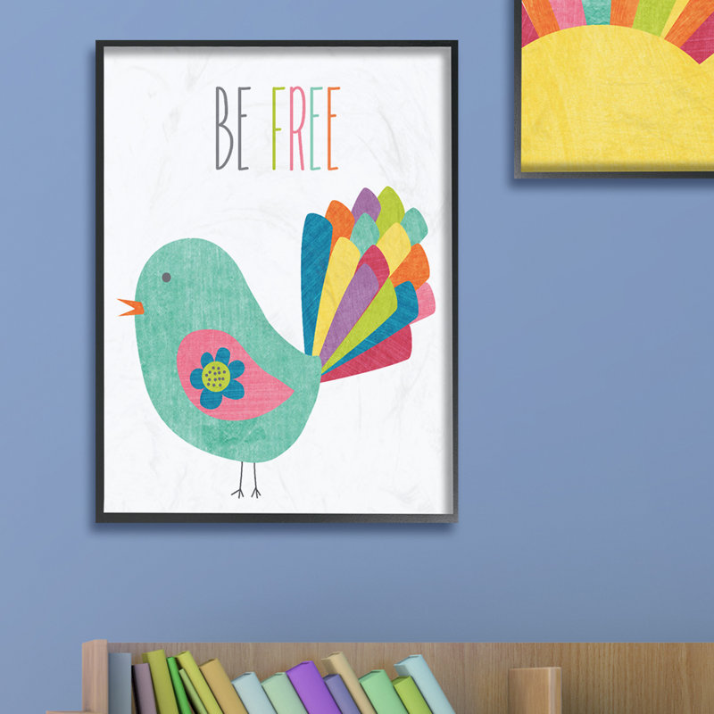 Être oiseau coloré gratuit, H 14 po x l 11 po x P 1,5 po, Giclée encadrée noir minuit