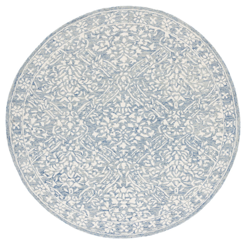 Handmade Tufted Floral Wool Round Rug - 7' Blue/Ivory