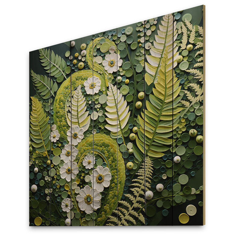Fougère vert clair plante fantaisiste spirales I sur bois, H 25 po x l 25 po x P 0,78 po