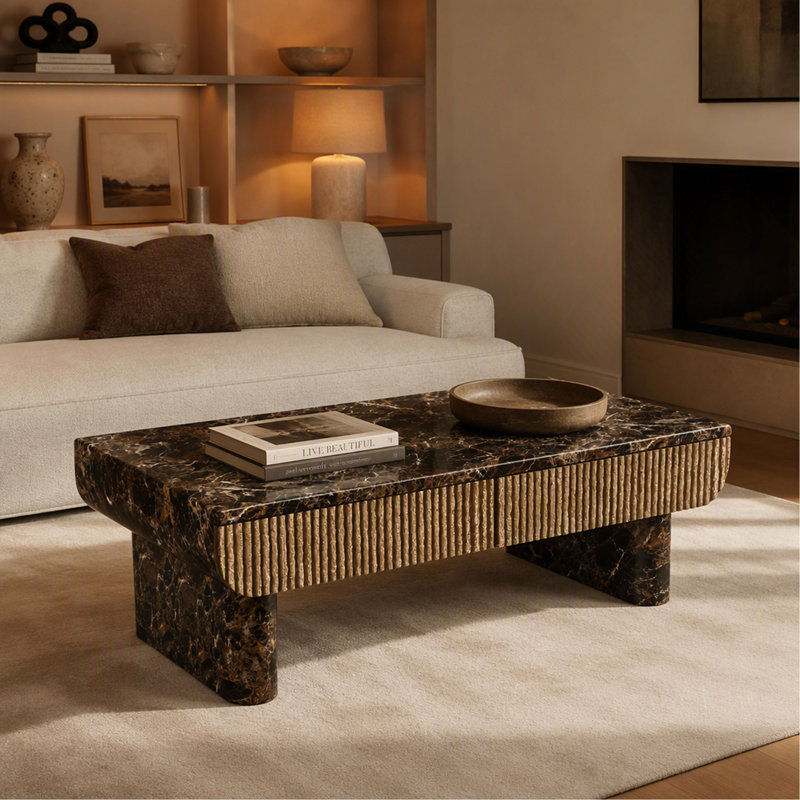 Table basse - 47 po - Faux marbre texturé en bois de noyer - Rectangulaire - Tiroir cannelé - Contemporain