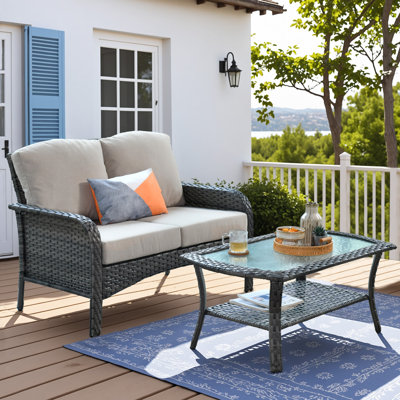 Allcot 2 - Person Outdoor Wicker Sofa with Glass Coffee Table, All Weather High Back Rattan Loveseat Couch with Comfy Cushions