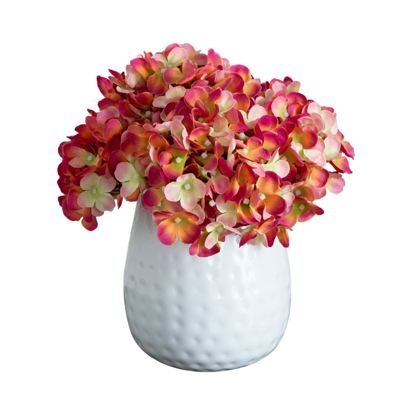 11 po Arrangement d'hortensias artificiels dans un vase en métal, Rose, Blanc