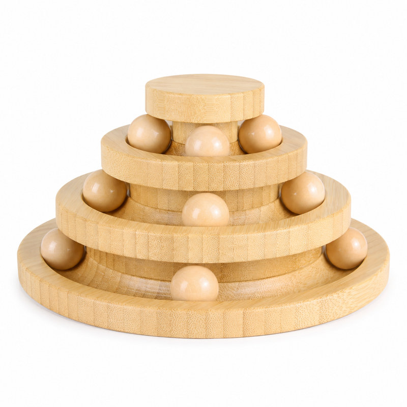 Plateau tournant pour chat en bois massif, jeu de balle interactif à 2 et 3 niveaux, jouet durable pour chat en bois résistant aux morsures