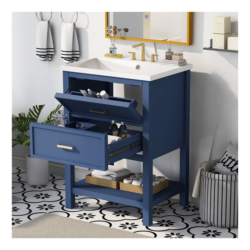 Meuble-lavabo 24 po avec lavabo supérieur, meuble-lavabo moderne avec 2 tiroirs et meuble-lavabo simple, Bleu, Argent argent