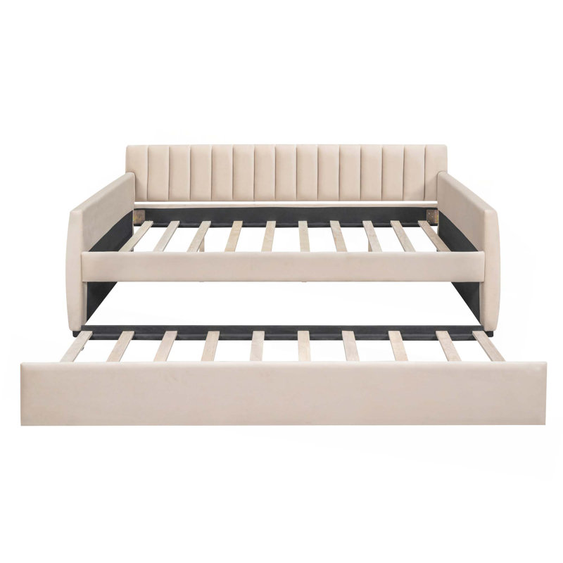 Lit de jour rembourré avec lit gigogne et support en lattes de bois, Beige