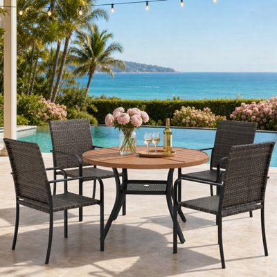 4-Person Outdoor Round Patio Dining Set With Stackable PE Wicker Chairs