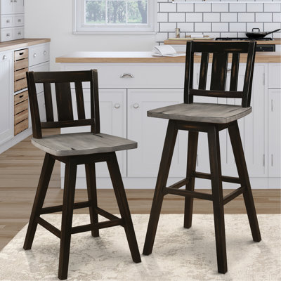 2 Pub Height Swivel Chairs, Solid Rubberwood, Gray/black Distressed, Vertical Slat Back, Dining Room Furniture Chairs Of 2, Gray And Black 360° Swivel, Back For Rustic Home