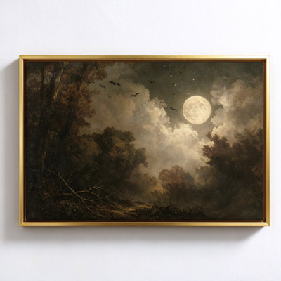 Forêt au clair de lune avec chauves-souris, peinture à l'huile romantique et atmosphérique sur toile, décoration murale automnale vintage pour salon ou chambre, 50 x 75 cm