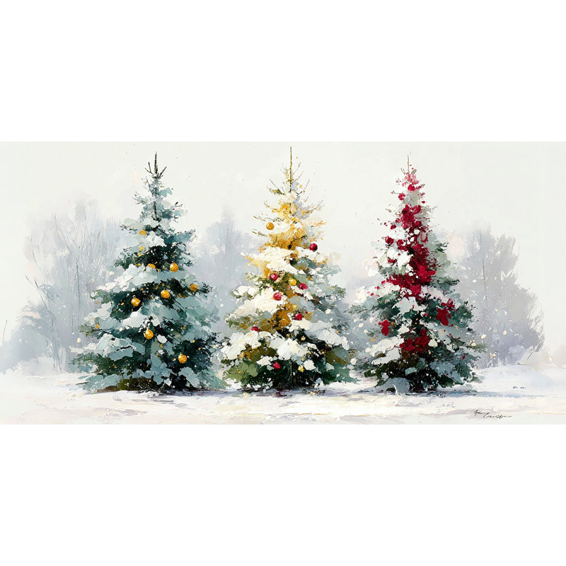 «Festive Evergreen Trio», art mural sur toile tendue, 24 po x 48 po