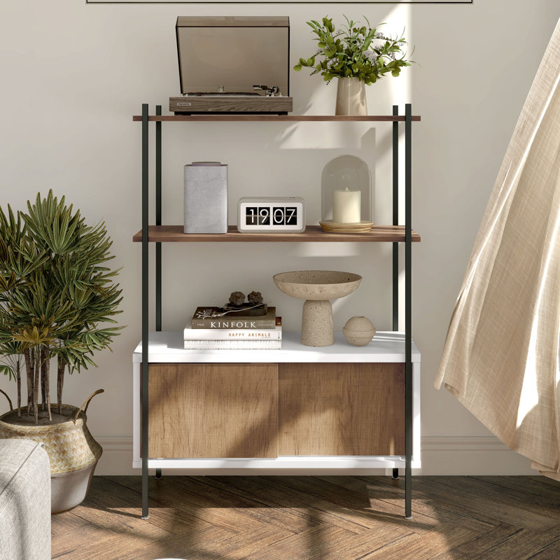 Dayne 45"H 3-Tier Bookshelf with Sliding Door Cabinet