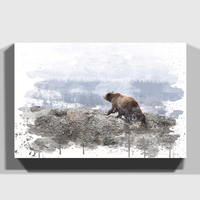 Bear with Cubs in Forest - Wall Art, 40cm H x 60cm W, Wrapped Canvas