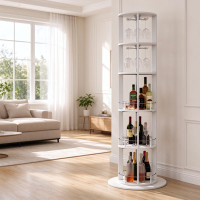 Meuble-bar autoportant rond de 73 pouces de hauteur avec étagère à verres rotatifs à 360 ° à 3 niveaux en MDF et métal pour bar maison
