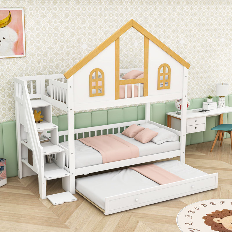 Enchanting Wooden Bunk Bed with Trundle, Storage Staircase and Windows, Twin Over Twin