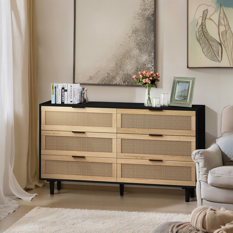 Commode moderne en rotin avec 6 tiroirs profonds et rangement spacieux pour la vie organisée, Noir