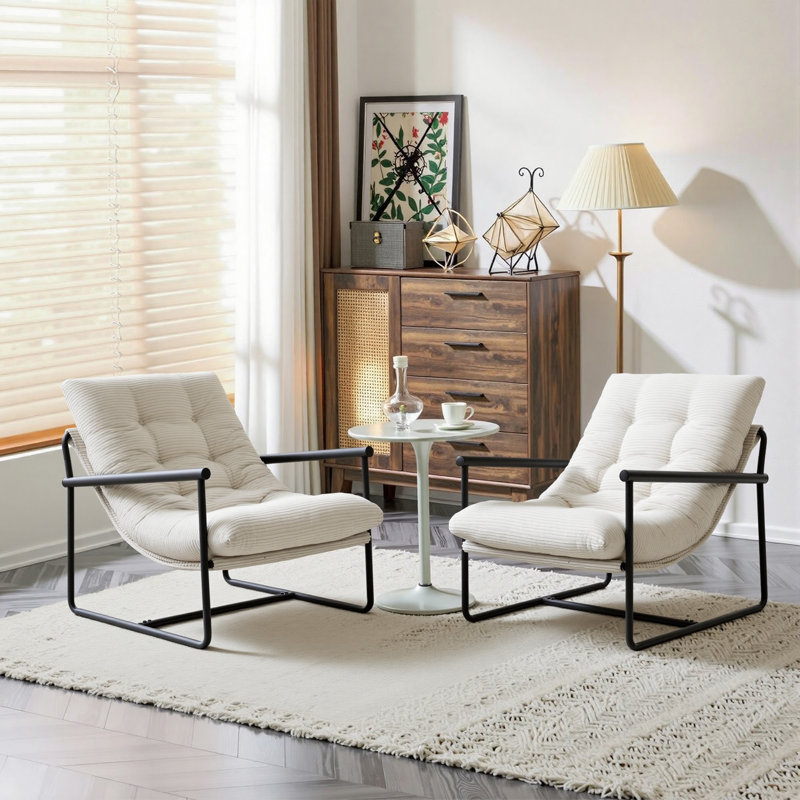 Paire de chaises d'appoint contemporaines en velours côtelé avec base en métal durable, Beige