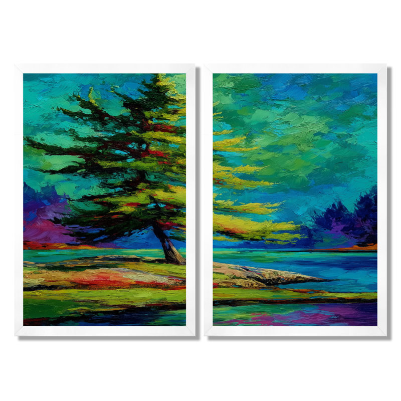 «Vibrant Green Pine Trees Morning Sun», reproduction d'art sur toile, art naturel vert, 2 pièces, Reproduction encadrée