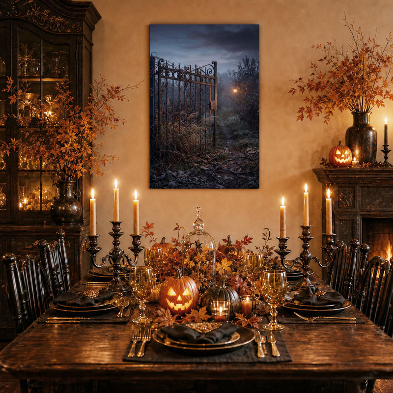 Art mural sur toile Misty Iron Gate and Lantern On Woodland Path, H 40 po x l 28 po