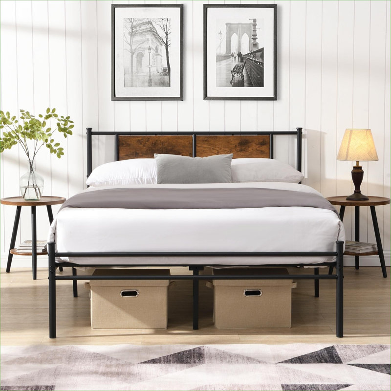 Contemporary Silhouette King Size Metal Bed Frame with Wooden Decorative Panel Headboard, Under-Bed Clearance, Black-Toned