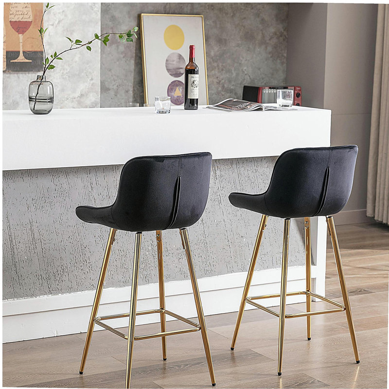 2 Black Chrome Alloy Leg Ring Velvet Bar Stool Simple Bar Stool, Black, Counter Stool (26.38” Seat Height)