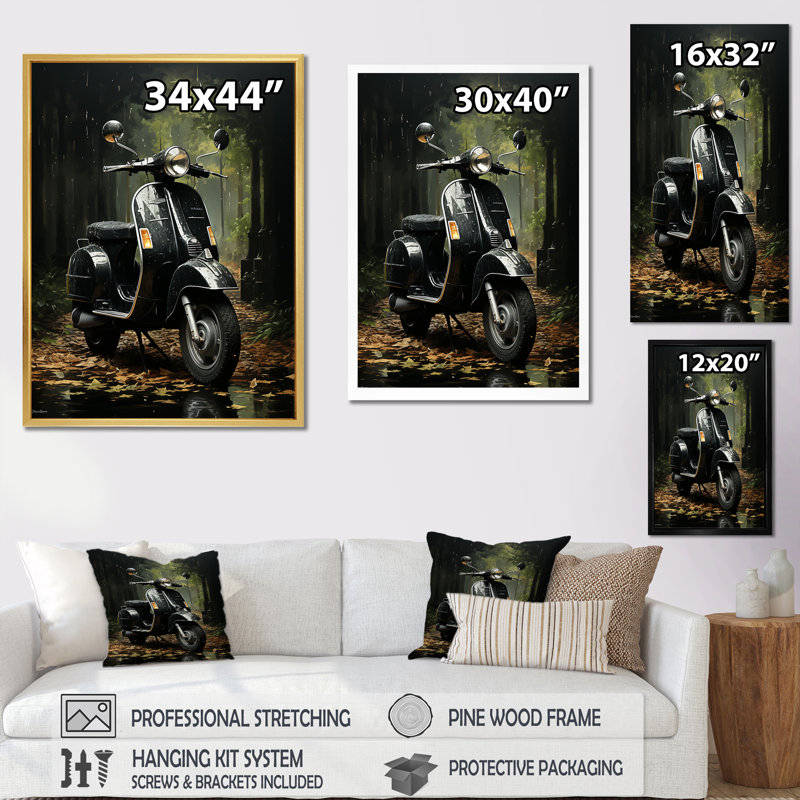 Sentier forestier et scooters sur toile, Cadre doré simple, H 20 po x l 12 po x P 1 po