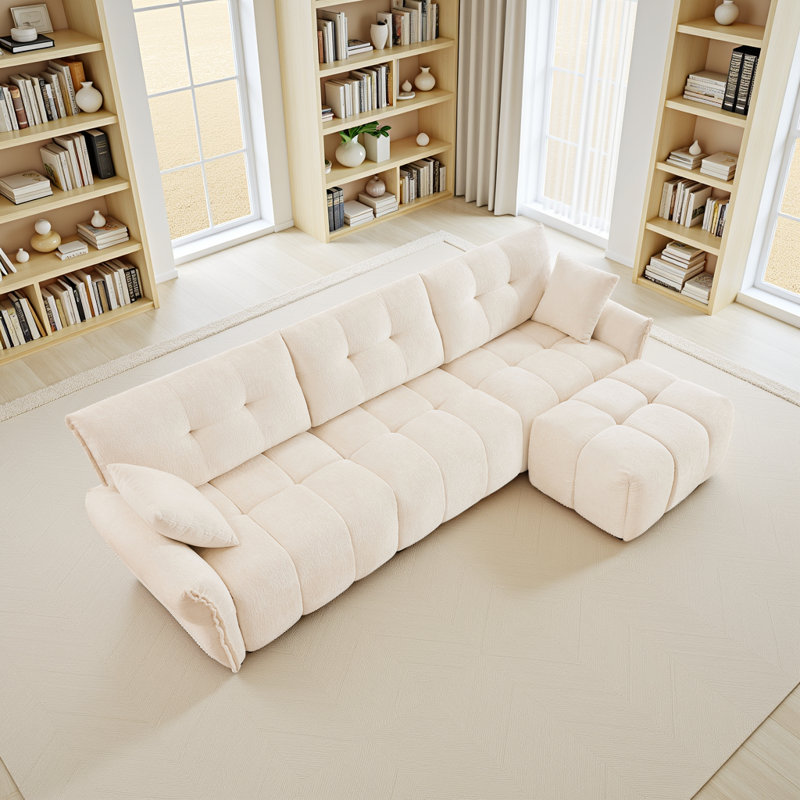 Ensemble de canapé 3 places avec repose-pieds Luxe - Chenille moelleuse et structure en bois massif, Blanc
