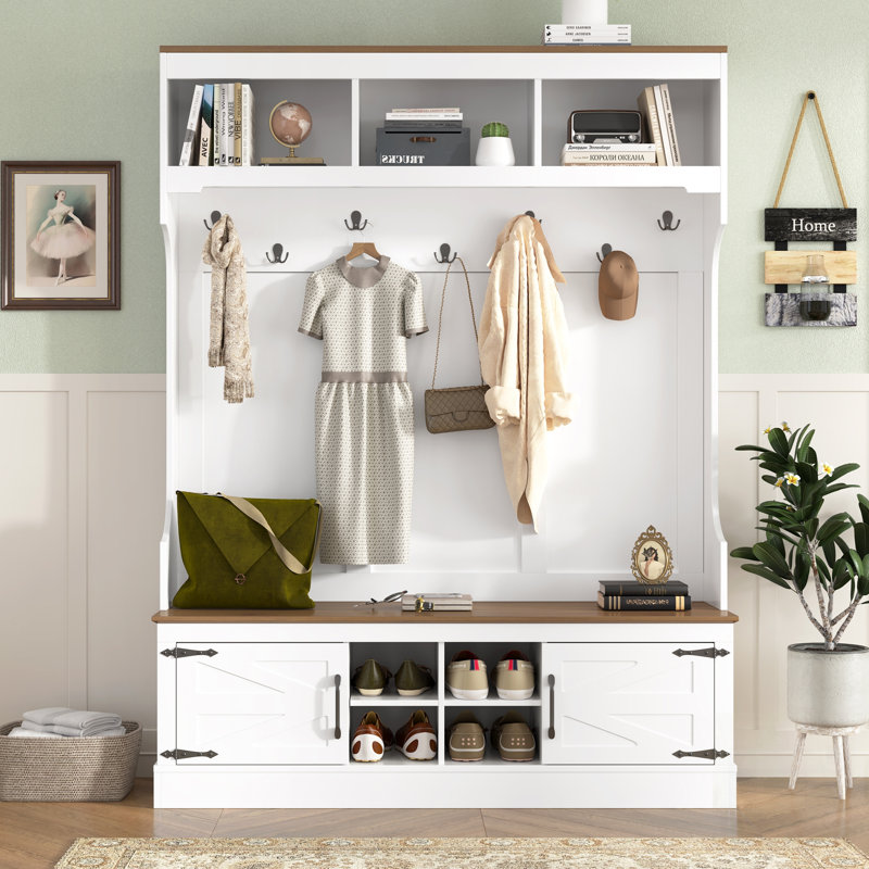 Arbre d'entrée de style campagnard avec banc et rangement pour chaussures, rangement d'entrée 5-en-1 avec portemanteau, casiers et crochets
