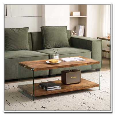 Walnut Tempered Glass 2-Layers Tempered Clear Glass Coffee Table