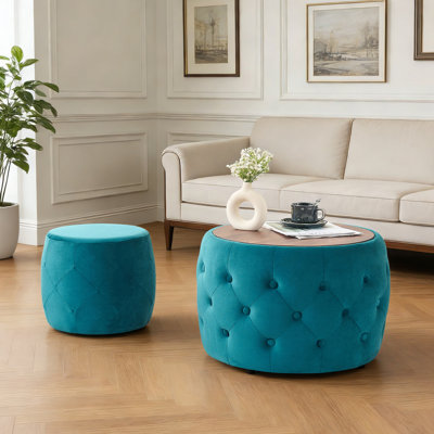 Luxurious Velvet Nesting Ottomans Of 2, 4-in-1 Function, Round Storage Foot Stool With Wood Tray, No Assembly Needed