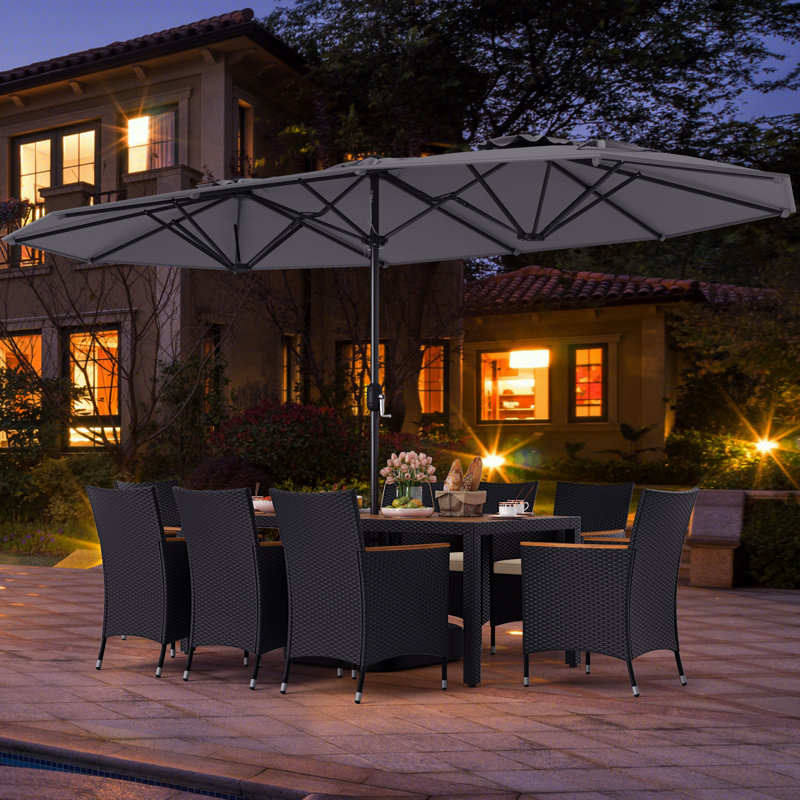 11 PCS Patio Wicker Dining Set with Double-Sided Outdoor Umbrella 8 Stackable Chairs, Brown, Gray