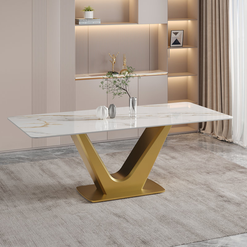 Table de salle à manger rectangulaire blanche moderne de 71 po pour 8 personnes, pieds en forme de V en acier inoxydable, table en faux marbre brillant pour salle à manger