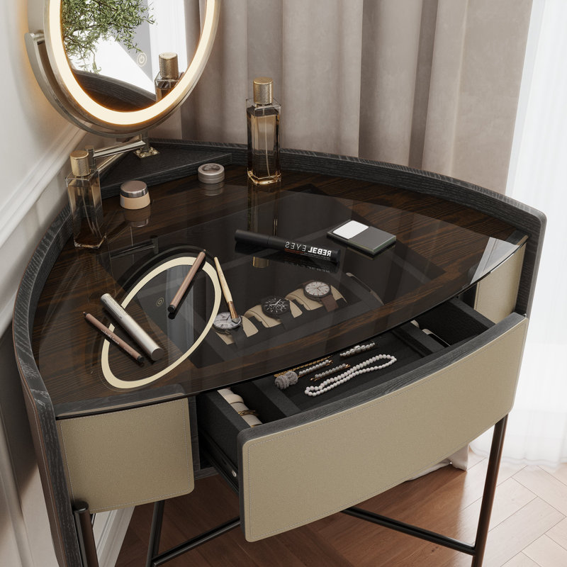 Triangular Corner Makeup Vanity Set With Storage Drawers