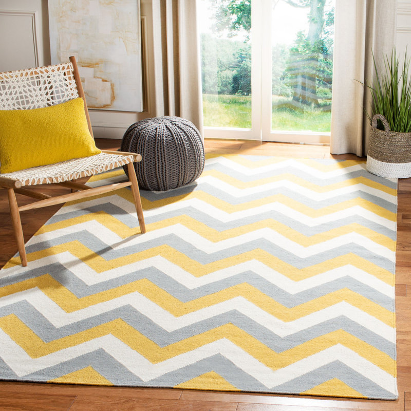 Tapis à chevrons en laine / coton tissé à la main Rodgers en ivoire / or / gris, Rectangle 8 pi x 10 pi