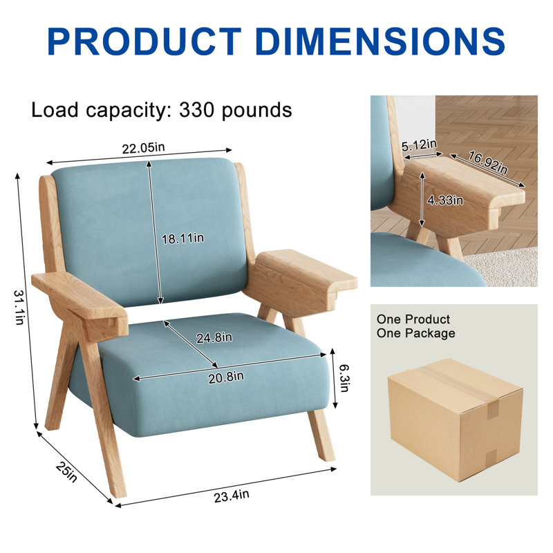 Mid Century Modern Accent Chair, Fabric Upholstered Lounge Arm Chair with Solid Wood Frame for Living Room, Bedroom, Office, Reading Corner (Blue)