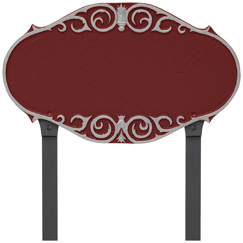 Plaque d'adresse victorienne avec piquets de pelouse, Rouge brique / argent