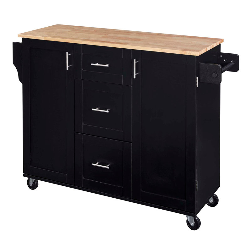 Rolling Kitchen Island with Storage, Kitchen Cart with Rubber Wood Top, 3 Drawer, 2 Slide-Out Shelf and Internal Storage Rack, Kitchen Island on Wheels with Spice Rack & Tower Rack