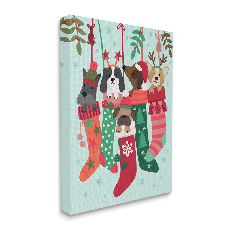 «Puppy Dogs Nestled» à motif de bas de Noël en forme d'étoile noire, art texturé par estampe numérique par Lisa Perry White