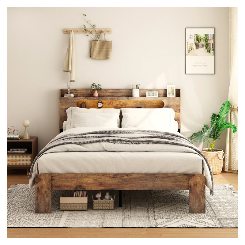 Lit plateforme en bois, taille standard, avec éclairage DEL et port USB, brun foncé, Lit double