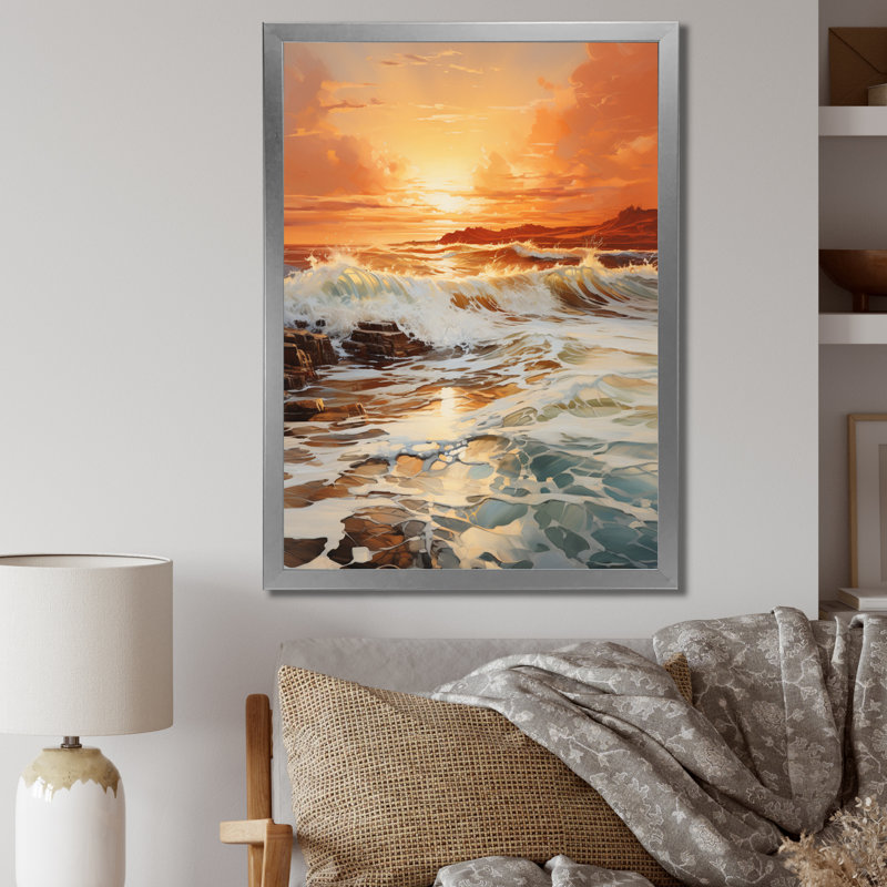 Orange, bleu sarcelle, lever de soleil sur la plage II - Nautique et plage, reproduction d'art sur toile, Cadre photo argenté