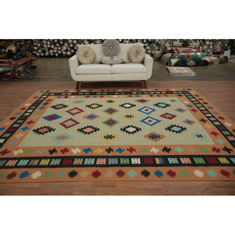 Tapis kilim géométrique fabriqué à la main 9 x 11 pour la décoration intérieure