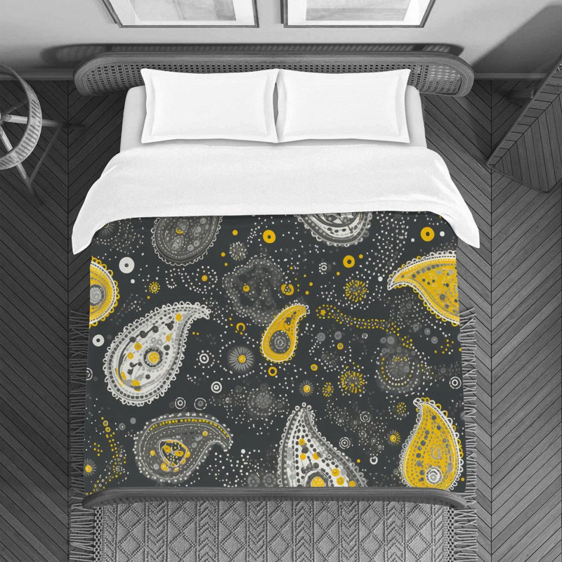 Housse de couette en microfibre à motif cachemire gris / jaune, Housse de couette très grand