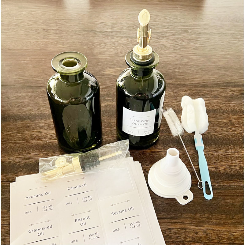 2-Pack Dark Green Glass Olive Oil Dispenser Set – Auto-Flip No-Drip Oil & Vinegar Bottles with Labels & Funnel