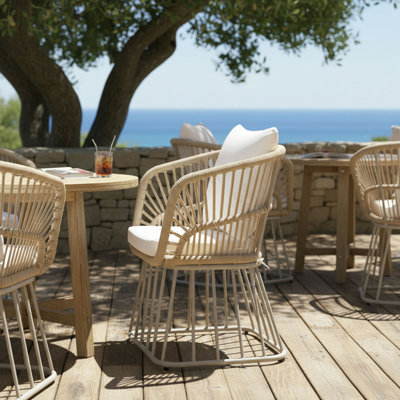 Chaise de salle à manger d'extérieur MP1 - Structure en acier beige et osier, capacité de poids de 300 lb, avec coussin