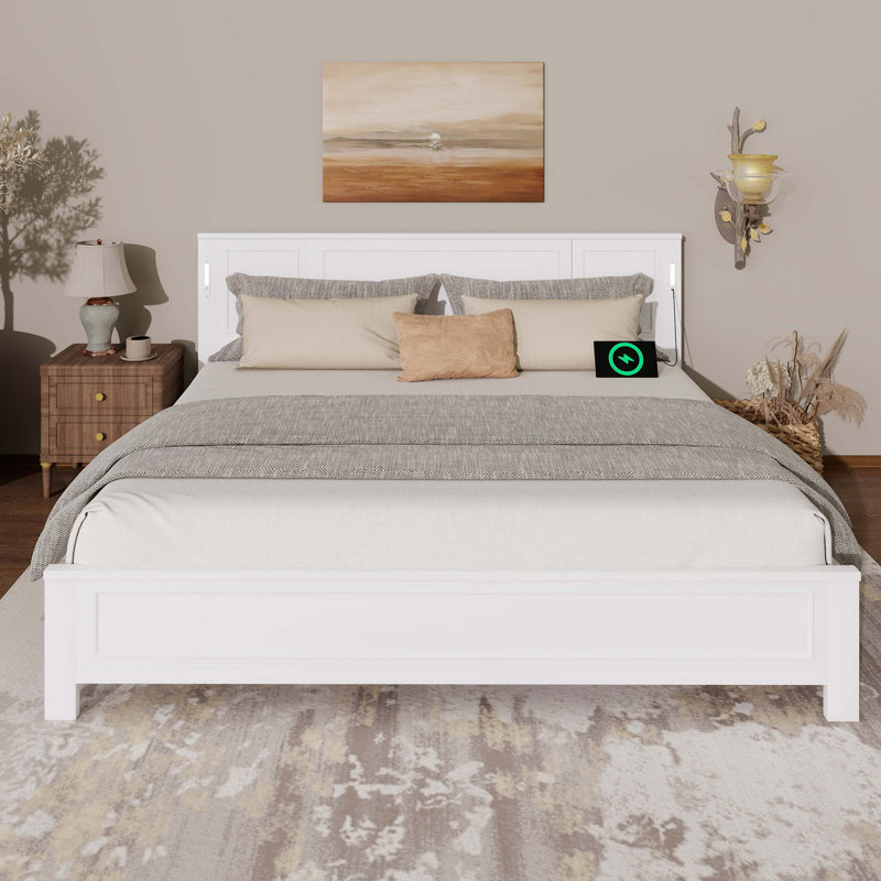 King Size Bed with Tall-Panel Headboard & Footboard, Built-in LED Lights, USB Charging Station, Pinewood Bed with Strengthened Bed Frame