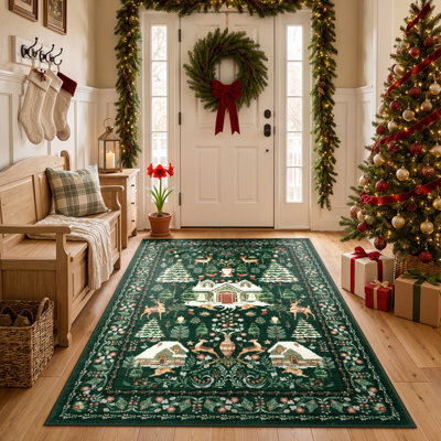 Tapis de Noël, motif hivernal festif, lavable et antidérapant, idéal pour le salon, la chambre à coucher, l'entrée et la salle à manger.
